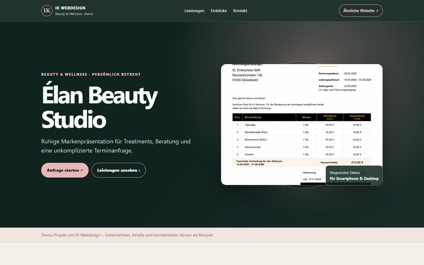 Website-Vorschau für ein Beauty-Studio